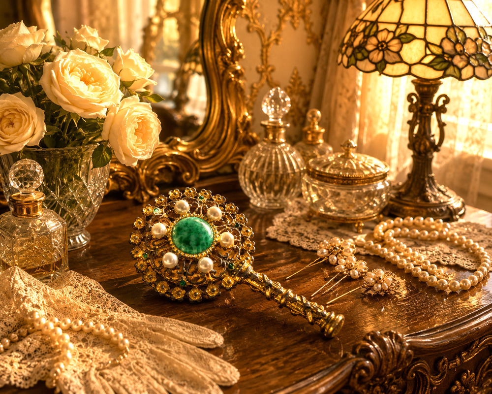 Vtg Ormolu Filigree Gold Gilt Miniature Hand Mirror Faux Pearl Green Cabochon